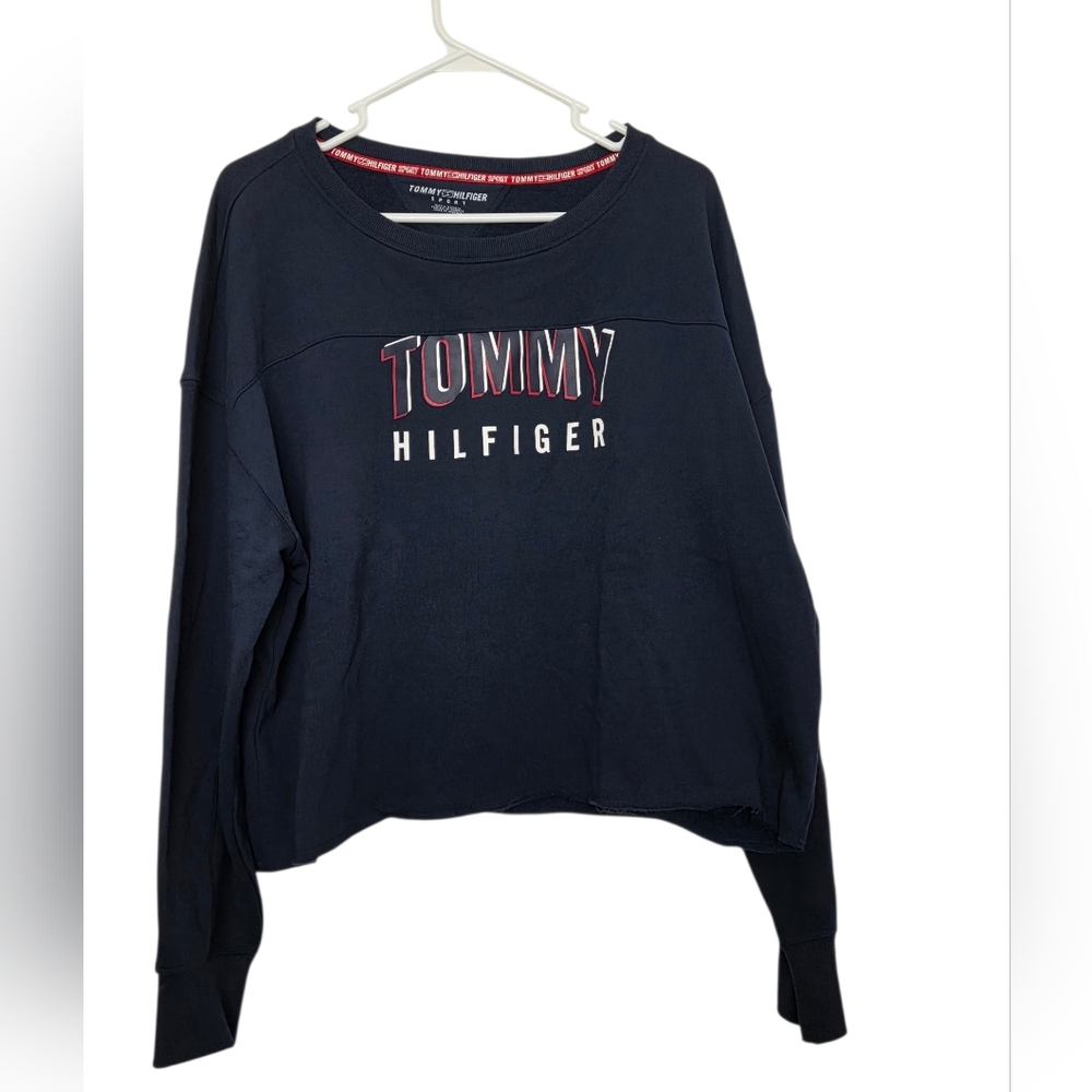 TOMMY HILFIGER Women's Raw Hem Crew Neck Logo Blue Sweatshirt Sz XLarge